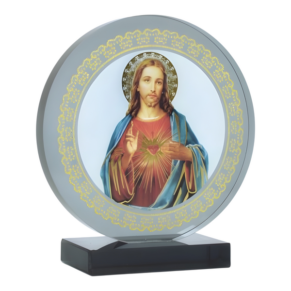 Catholic Sacred Heart Jesus Christ Icon On Round Black Glass Plaque Stand Ornament