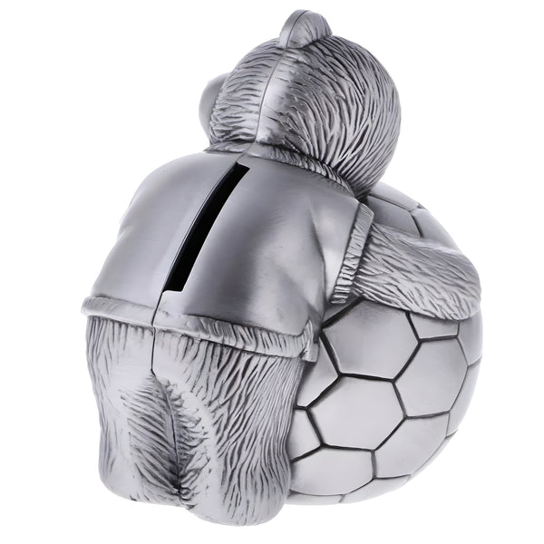 Children's Silver Pewter Teddy Bear Holding Soccer Ball Money Box