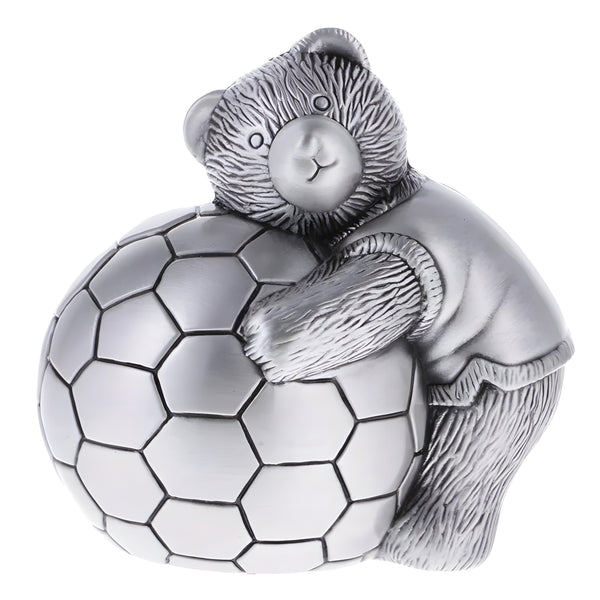 Children's Silver Pewter Teddy Bear Holding Soccer Ball Money Box