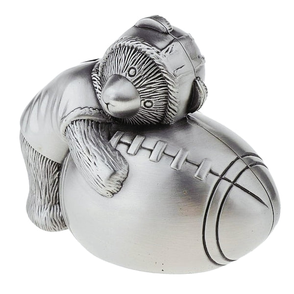 Children's Silver Pewter Teddy Bear Holding Football Money Box