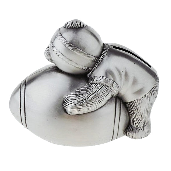 Children's Silver Pewter Teddy Bear Holding Football Money Box