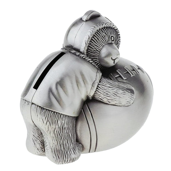 Children's Silver Pewter Teddy Bear Holding Football Money Box