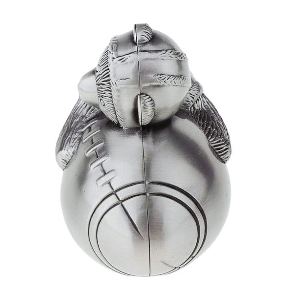 Children's Silver Pewter Teddy Bear Holding Football Money Box
