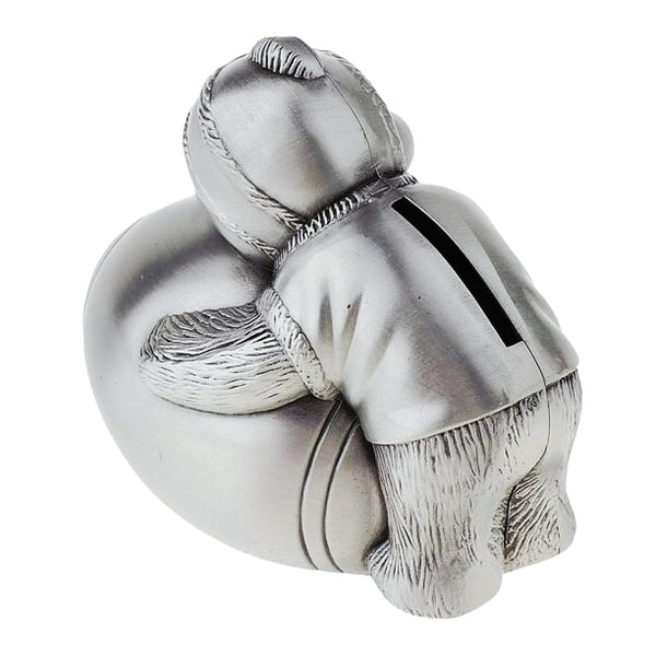 Children's Silver Pewter Teddy Bear Holding Football Money Box