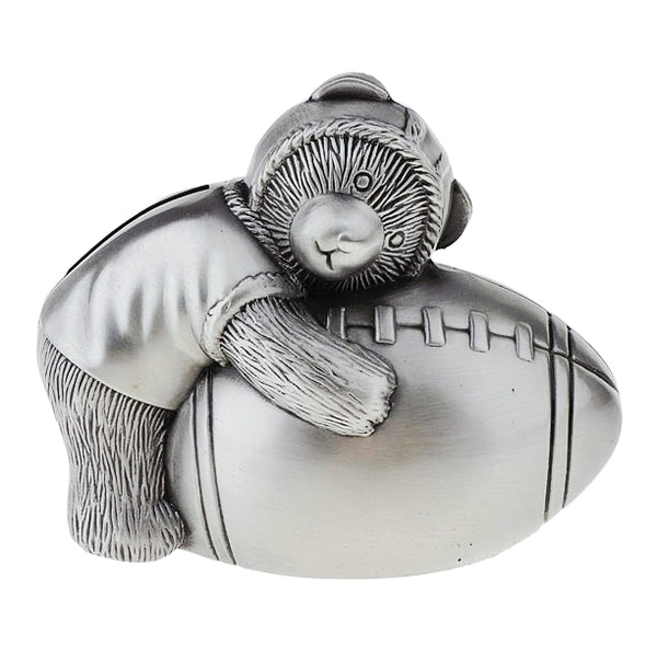 Children's Silver Pewter Teddy Bear Holding Football Money Box