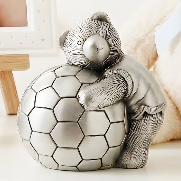 Children's Silver Pewter Teddy Bear Holding Soccer Ball Money Box