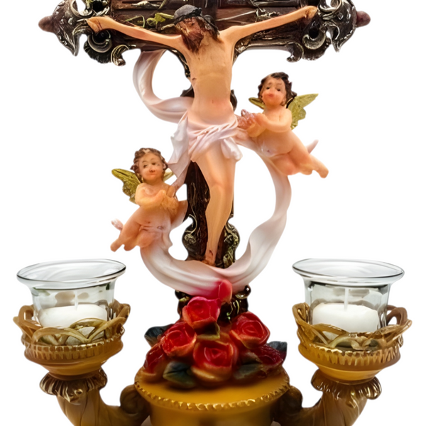 Large Crucifix Jesus Christ & Angel's Religious Cross Statue with Tealight Candle Holders