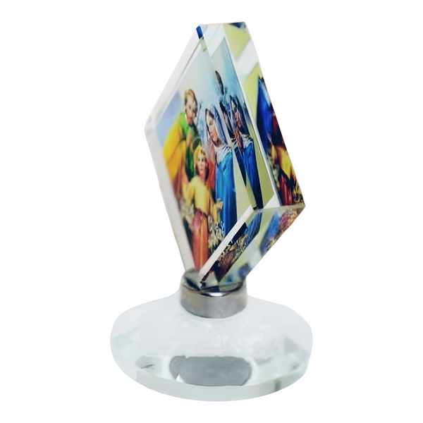 Catholic The Holy Family Icon On Diamond Crystal Cut Glass Plaque Stand Ornament