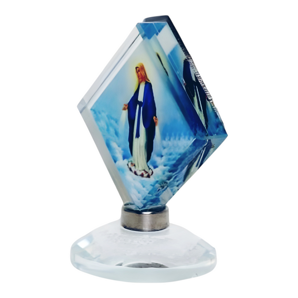 Catholic Blessed Holy Mother Mary Icon On Diamond Crystal Cut Glass Plaque Stand Ornament