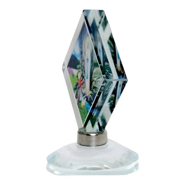 Catholic Our Lady Of Lourdes Icon On Diamond Crystal Cut Glass Plaque Stand Ornament