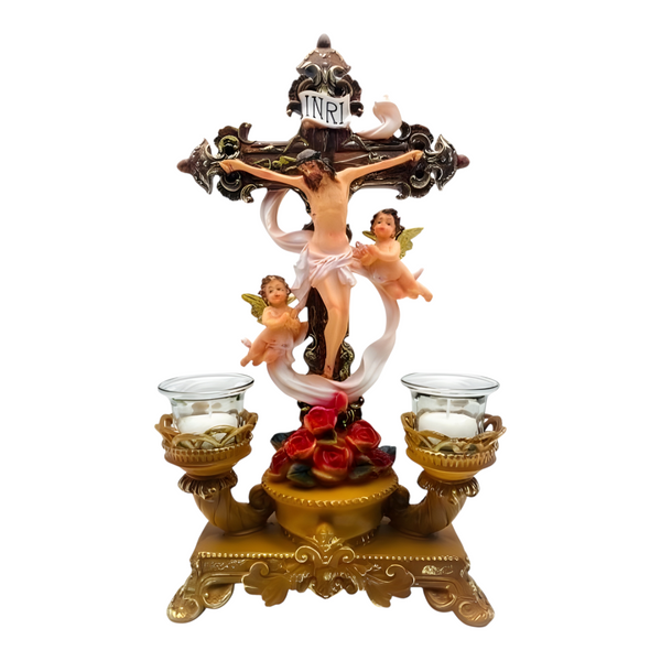 Large Crucifix Jesus Christ & Angel's Religious Cross Statue with Tealight Candle Holders