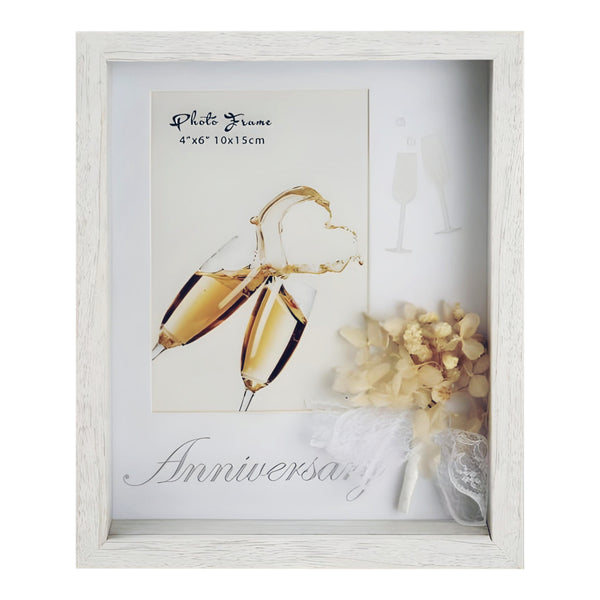 Gold & White Anniversary Photo Frame with Preserved Flowers & Champagne Flutes