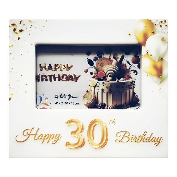 White Ceramic Happy 30th Birthday Photo Frame & Raised Gold "30" & Balloons Motif