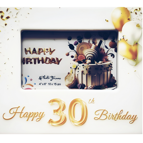 White Ceramic Happy 30th Birthday Photo Frame & Raised Gold "30" & Balloons Motif