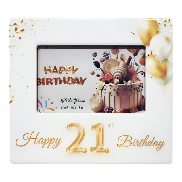 White Ceramic Happy 21st Birthday Photo Frame & Raised Gold "21" & Balloons Motif