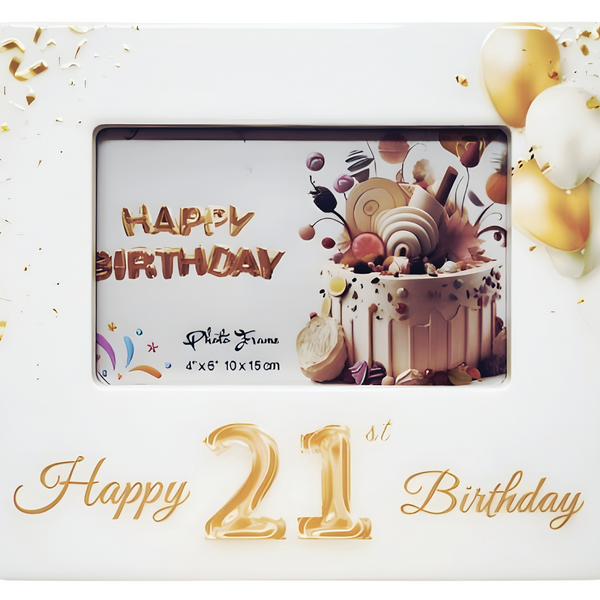 White Ceramic Happy 21st Birthday Photo Frame & Raised Gold "21" & Balloons Motif