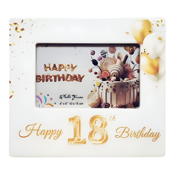 White Ceramic Happy 18th Birthday Photo Frame & Raised Gold "18" & Balloons Motif