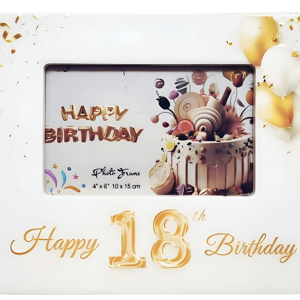 White Ceramic Happy 18th Birthday Photo Frame & Raised Gold "18" & Balloons Motif