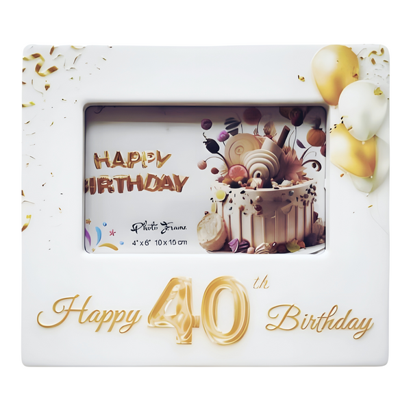 White Ceramic Happy 40th Birthday Photo Frame & Raised Gold "40" & Balloons Motif