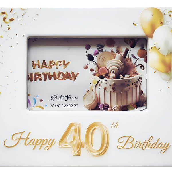 White Ceramic Happy 40th Birthday Photo Frame & Raised Gold "40" & Balloons Motif