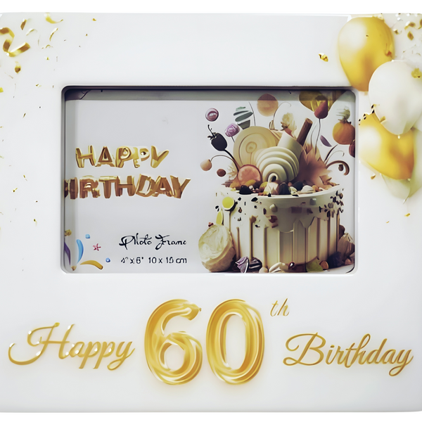 White Ceramic Happy 60th Birthday Photo Frame & Raised Gold "60" & Balloons Motif