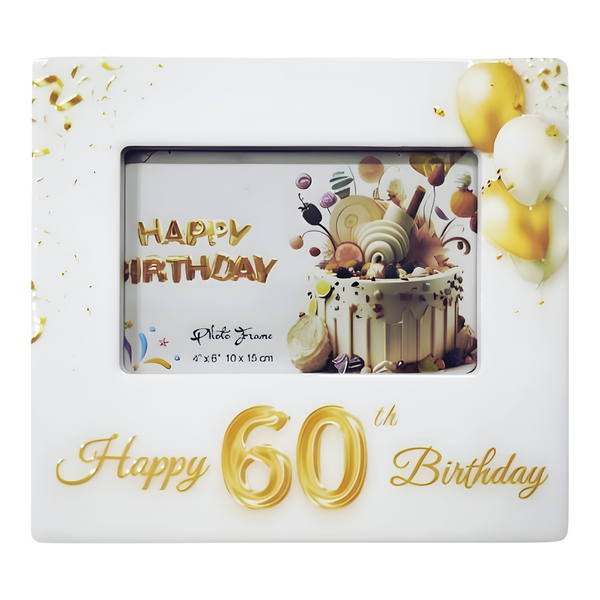 White Ceramic Happy 60th Birthday Photo Frame & Raised Gold "60" & Balloons Motif