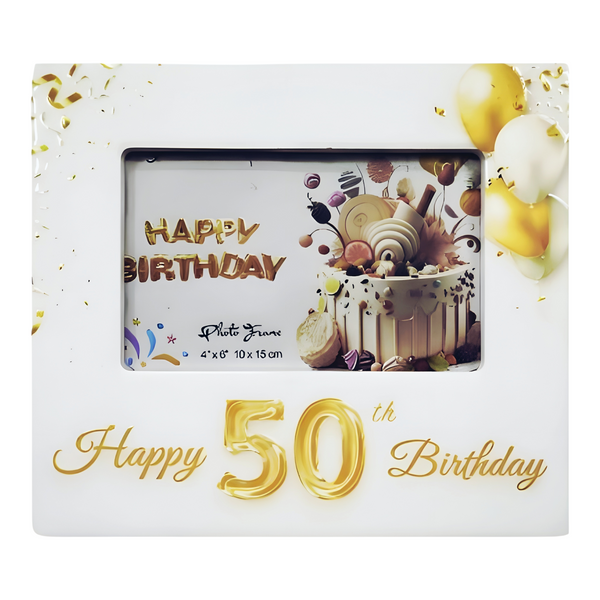 White Ceramic Happy 50th Birthday Photo Frame & Raised Gold "50" & Balloons Motif