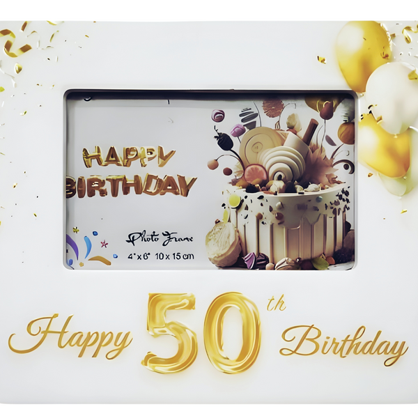White Ceramic Happy 50th Birthday Photo Frame & Raised Gold "50" & Balloons Motif