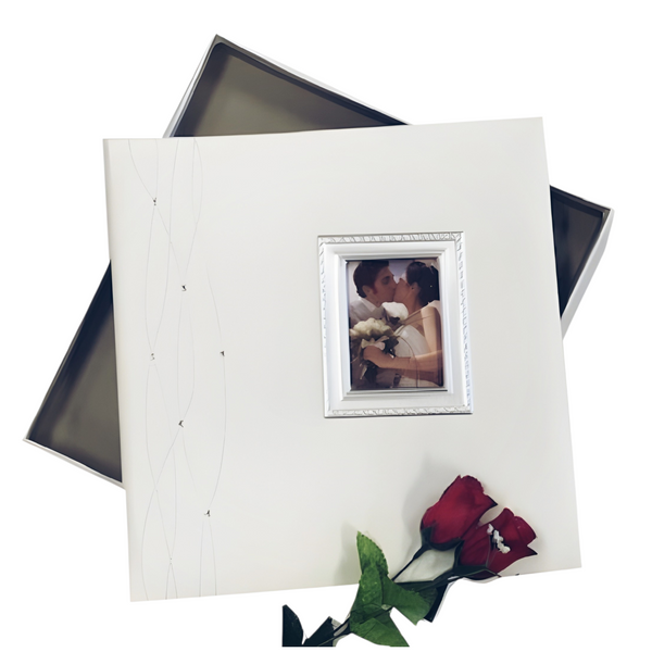 Large White Leather Wedding Photo Album with Diamantes & Frame Cover In Gift Box