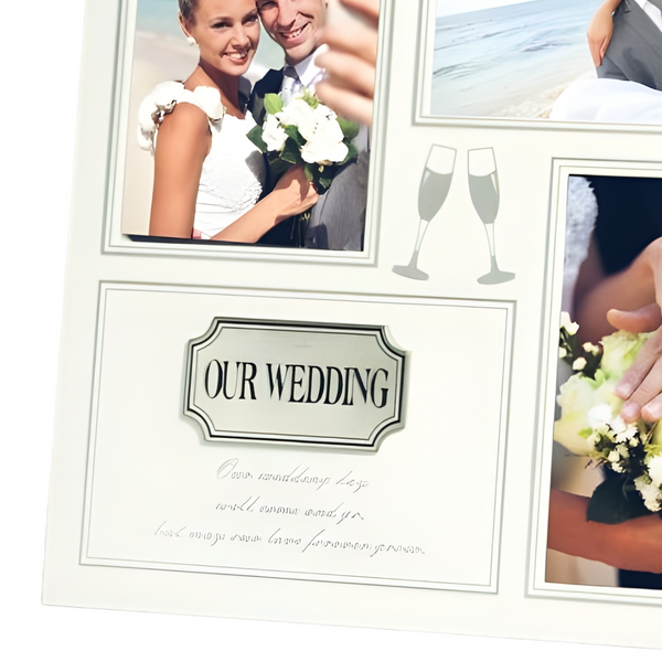 Large White Wooden Square Our Wedding Multi Collage Photo Frame & Silver Plaque