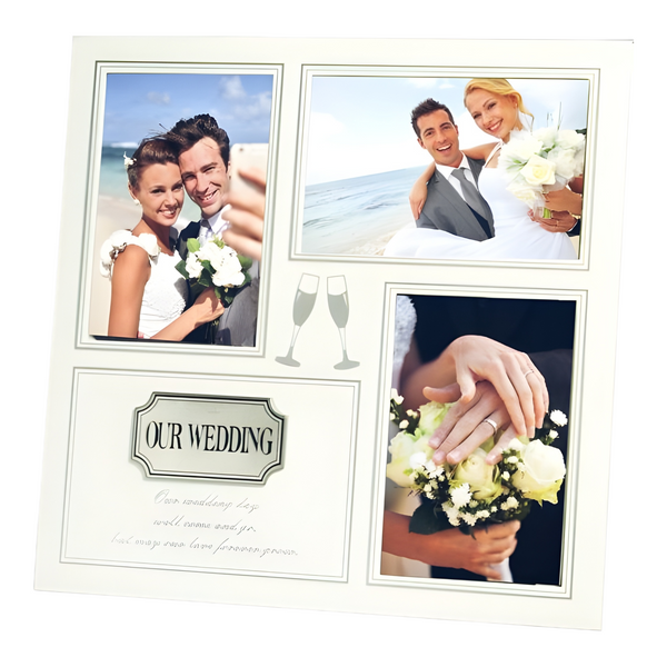Large White Wooden Square Our Wedding Multi Collage Photo Frame & Silver Plaque