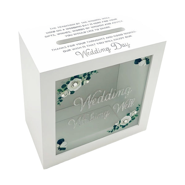 White Wooden Square Floral Design Wedding Wishing Well Box