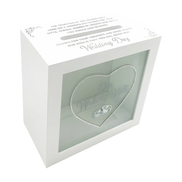 White Wooden Square Love Heart & Double Binding Rings Wedding Wishing Well Box