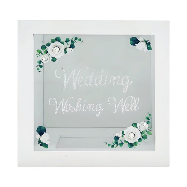 White Wooden Square Floral Design Wedding Wishing Well Box