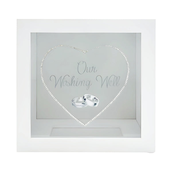 White Wooden Square Love Heart & Double Binding Rings Wedding Wishing Well Box