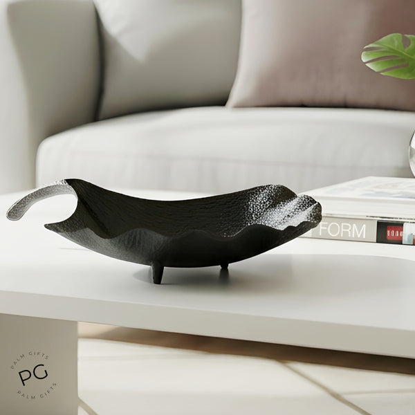 Large Black Nickel Finish Decorative Tabletop Footed Leaf Bowl