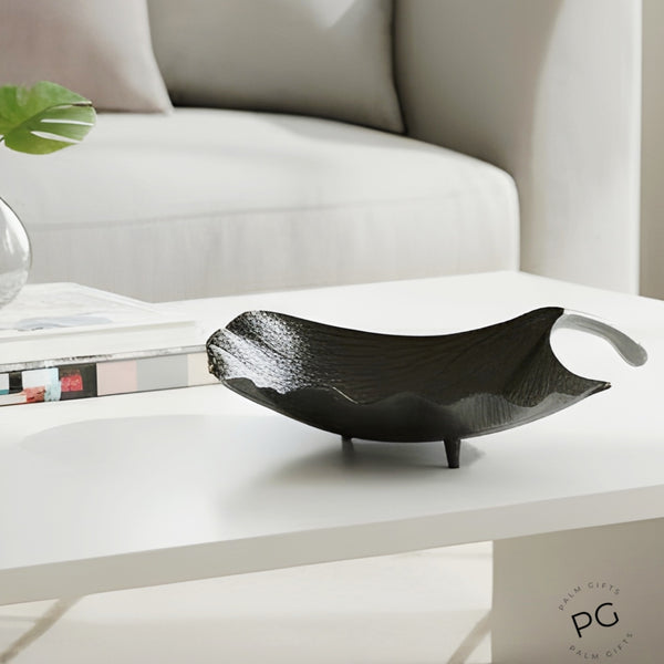Black Nickel Finish Decorative Tabletop Footed Leaf Bowl