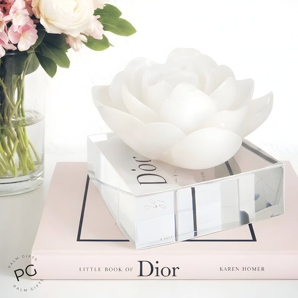 Pearl Lotus Resin Flower On Acrylic Base Decorative Tabletop Ornament