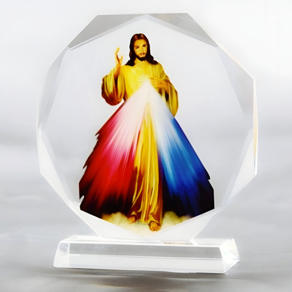 Catholic Divine Mercy Jesus Christ Icon On Round Crystal Cut Glass Plaque Stand Ornament