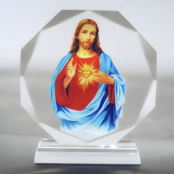 Catholic Sacred Heart Jesus Christ Icon On Round Crystal Cut Glass Plaque Stand Ornament