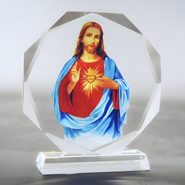 Catholic Sacred Heart Jesus Christ Icon On Round Crystal Cut Glass Plaque Stand Ornament