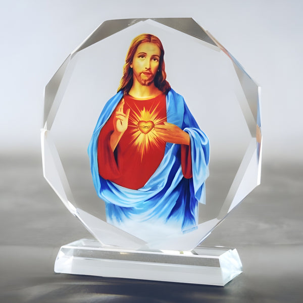 Catholic Sacred Heart Jesus Christ Icon On Round Crystal Cut Glass Plaque Stand Ornament