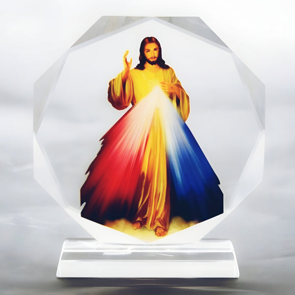 Catholic Divine Mercy Jesus Christ Icon On Round Crystal Cut Glass Plaque Stand Ornament