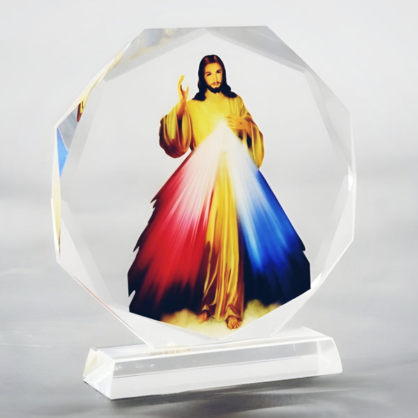 Catholic Divine Mercy Jesus Christ Icon On Round Crystal Cut Glass Plaque Stand Ornament
