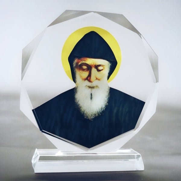 Catholic Saint Charbel Icon On Round Crystal Cut Glass Plaque Stand Ornament