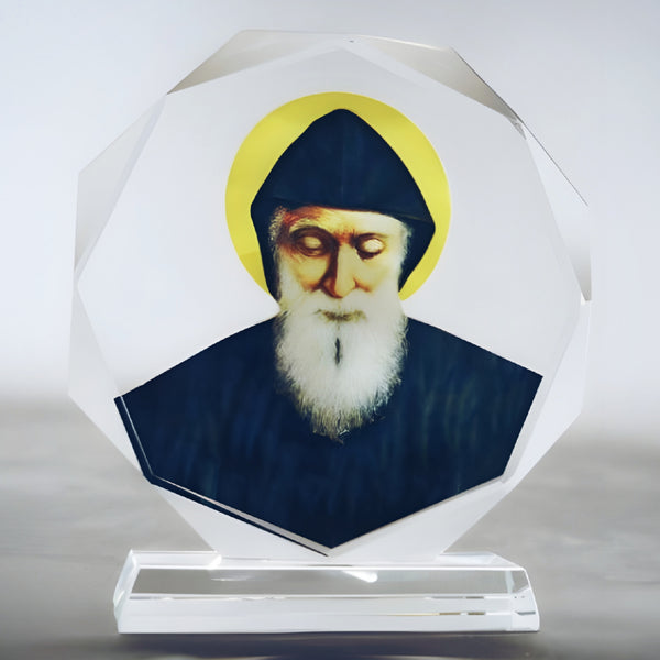 Catholic Saint Charbel Icon On Round Crystal Cut Glass Plaque Stand Ornament