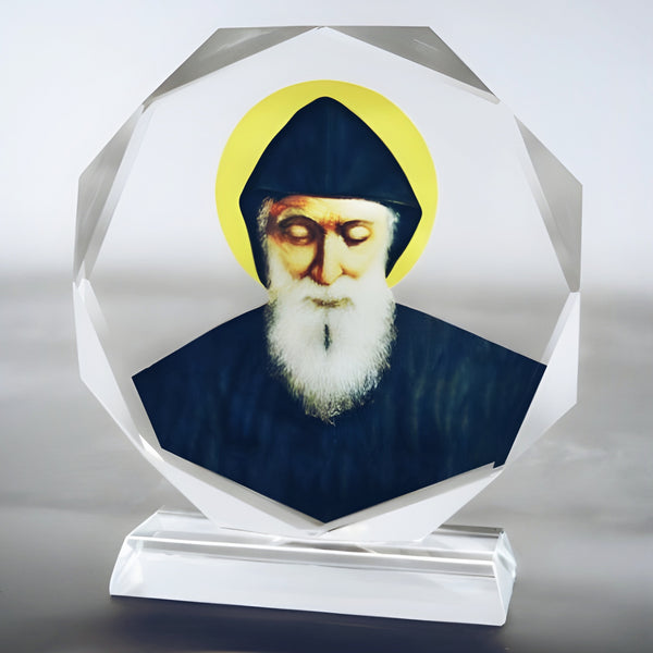 Catholic Saint Charbel Icon On Round Crystal Cut Glass Plaque Stand Ornament