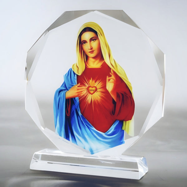Catholic Sacred Heart Mother Mary Icon On Round Crystal Cut Glass Plaque Stand Ornament