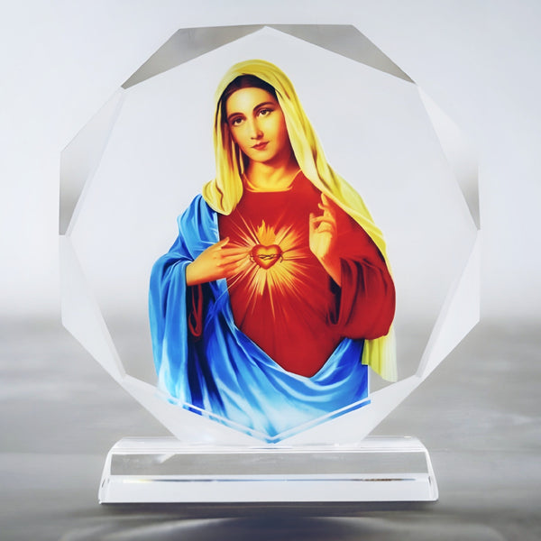 Catholic Sacred Heart Mother Mary Icon On Round Crystal Cut Glass Plaque Stand Ornament