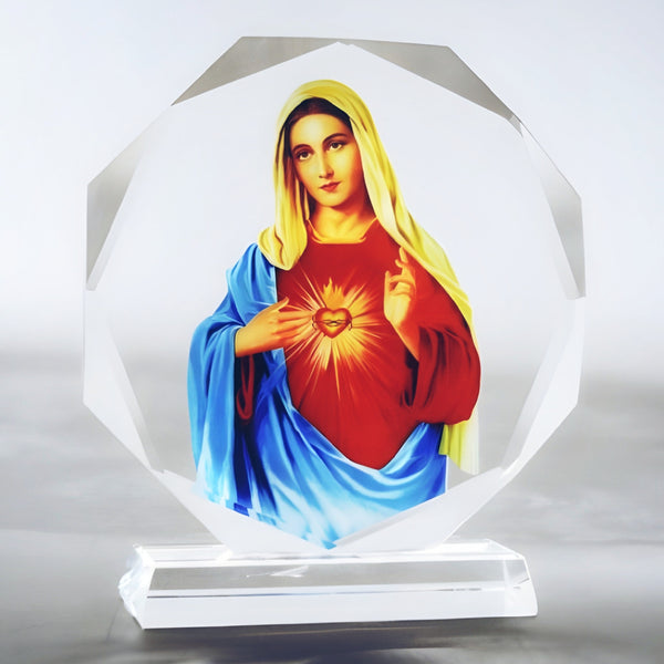 Catholic Sacred Heart Mother Mary Icon On Round Crystal Cut Glass Plaque Stand Ornament